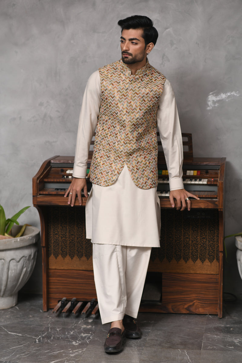 Beige Printed Waistcoat