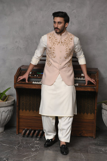 Beige Embroidered Designer Waistcoat