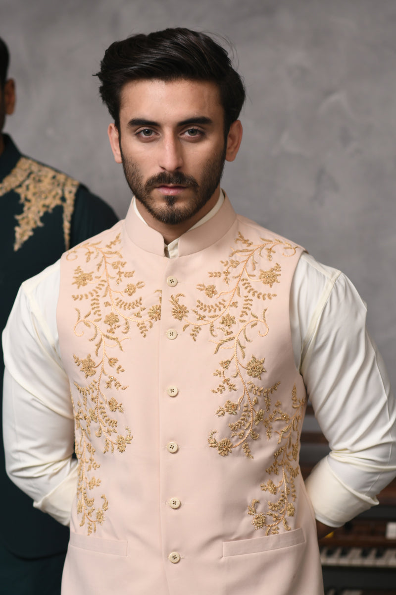 Beige Embroidered Designer Waistcoat